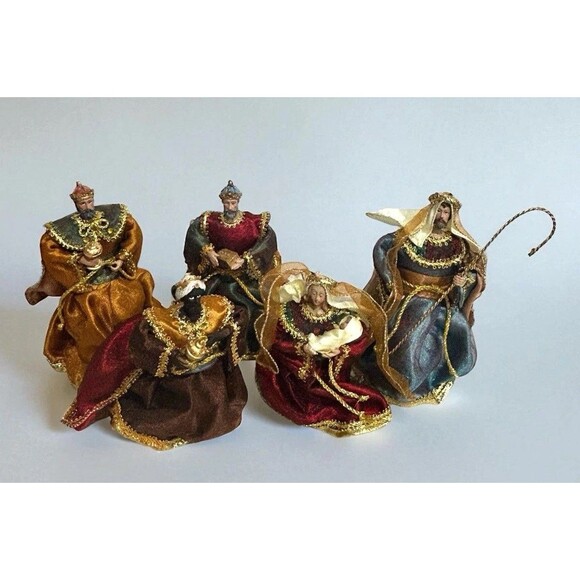 Vtg 5 Piece Nativity Shelf Standing Fabric And Wire Ribbon Ornament Set - Picture 1 of 12